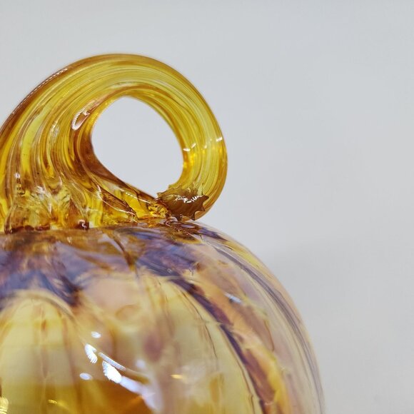 Hand Blown Glass Pumpkin Decor Iridescent Yellow & Orange Autumn Accent - Picture 7 of 7